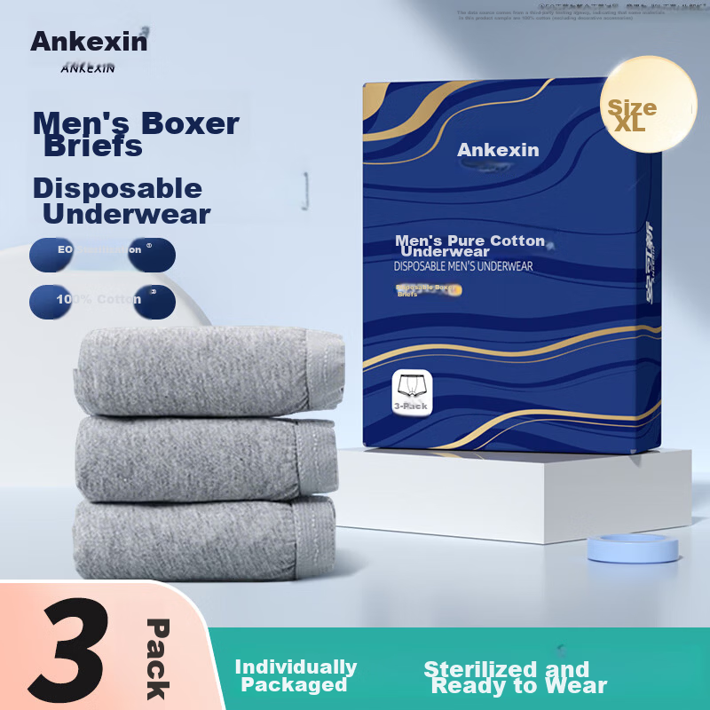 Ankexin Men's Disposable Cotton Boxer Briefs Daily Use No-Wash Independent Pack Travel Business XL Size 3-Pack