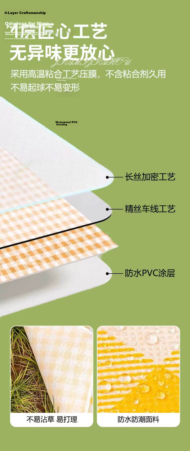 Beifute Picnic Mat Moisture-Proof Thickened Outdoor Camping Mat Yellow Checkered 2m x 2m Seats 8 People 7
