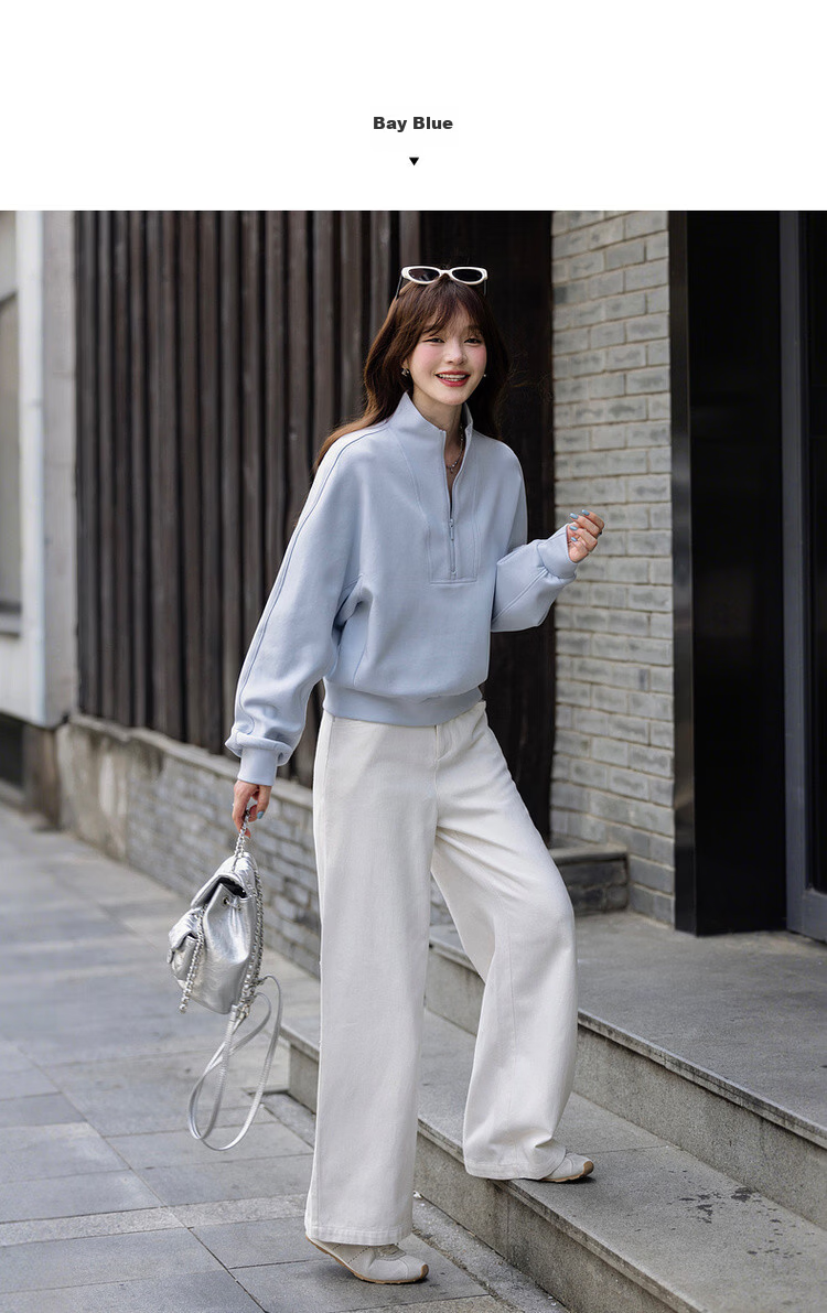 MT Spring Sports Casual 350G Air Layer Half-Zip Loose Sweatshirt for Women with Reversible Collar 9