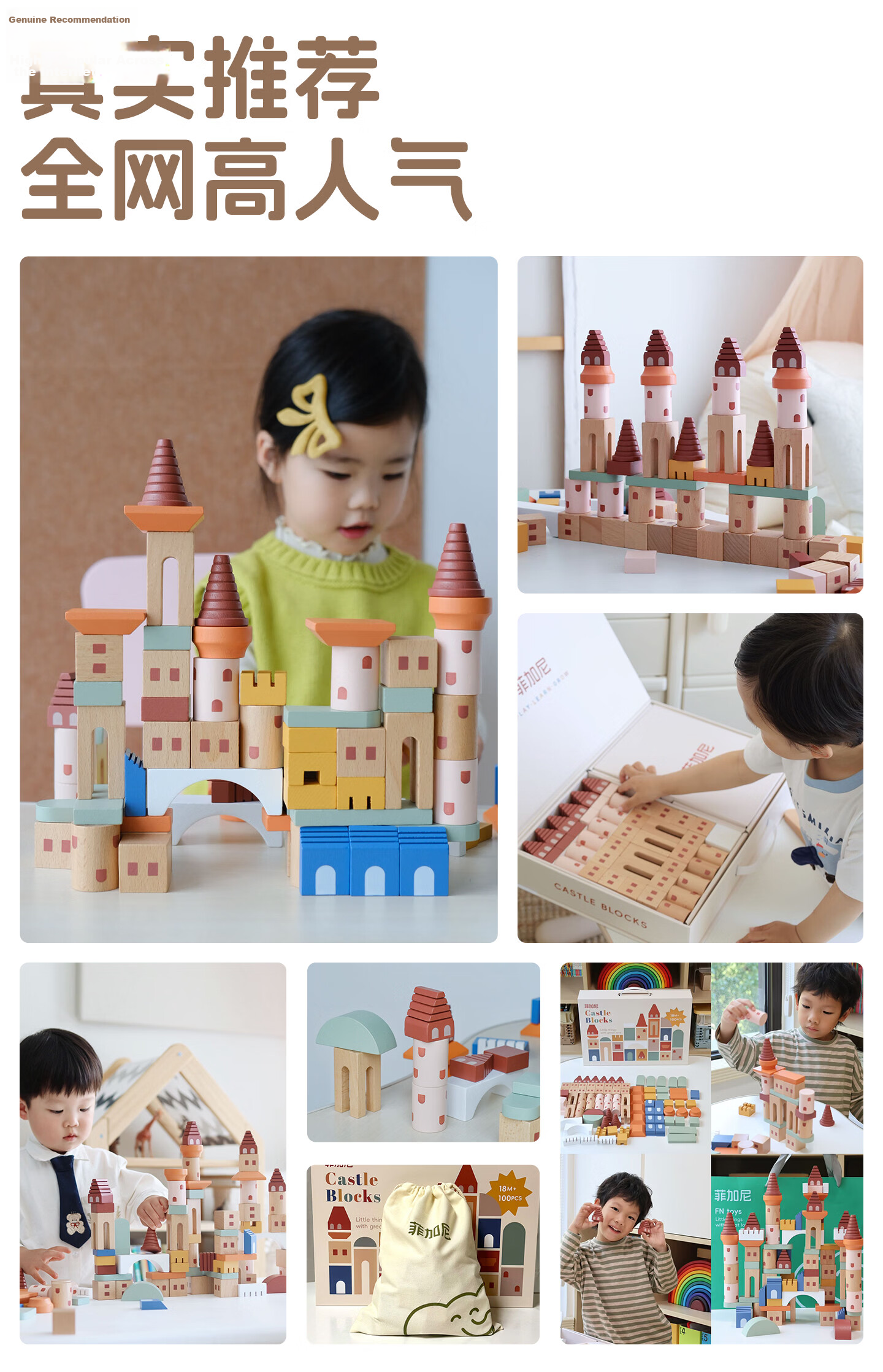 Fegani Solid Wood Creative Castle Building Blocks Gift Box Children's Assembly Construction Educational Toy Large Particles Birthday Gift for Boys and Girls 1