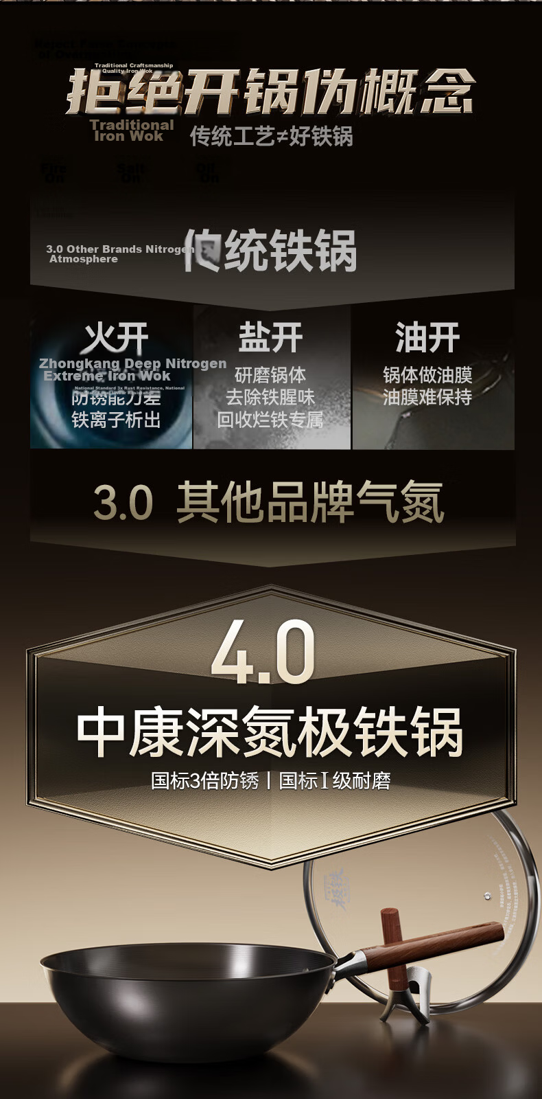 Zhongkang Iron Wok Non-Stick Fourth Generation Deep Nitrogen Flat Bottom Cast Iron Pan No Coating Compatible with Induction and Gas Stoves 4