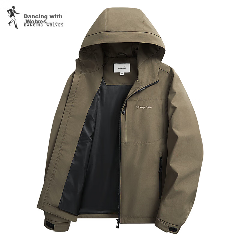 Dancing with Wolves [High Density Windproof] Hooded Jacket Men Outdoor Functional Trendy Commuter Casual Coat 701 Khaki S