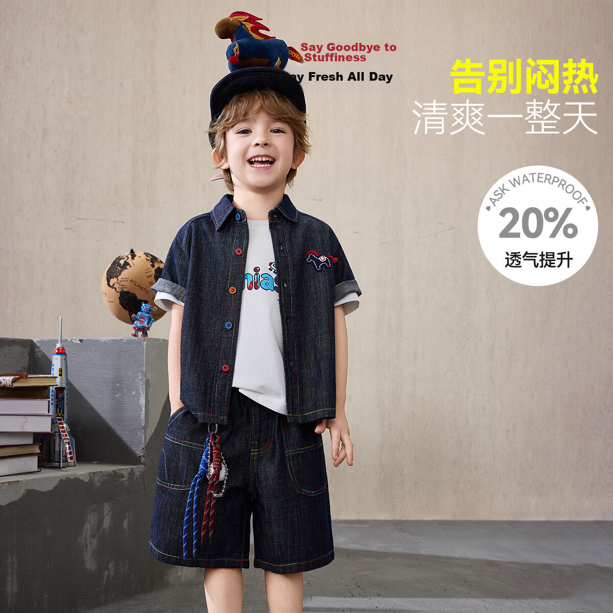 ASK JUNIOR Kids Summer Set New Boys' College Style Casual Versatile Denim Shirt and Shorts Toddler Two-Piece Set 2