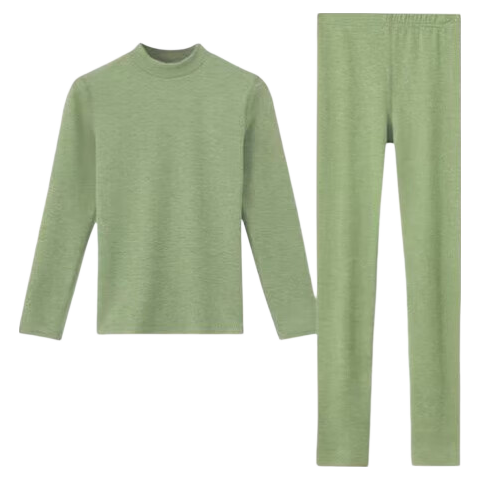 Modal Mid-High Neck Thermal Underwear Set for Women with Cashmere and Silk, Fleece-Lined, Fashionable Autumn Top and Bottom, Green X