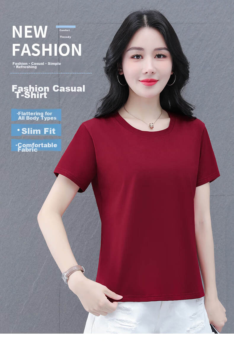Shuangxing Pure Cotton Short Sleeve T-Shirt Women Summer Regular Shoulder Basic Solid Color Casual Middle-aged Plus Size Slim Fit Top Khaki L 2