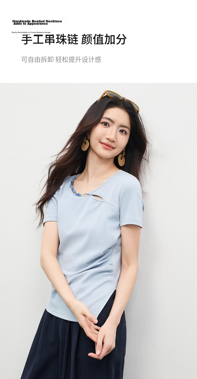 Shangdu Bila Cotton Blend Pleated Slim Fit T-Shirt Women Spring Summer Designer Round Neck Hollow Out Asymmetric Overlap Irregular Split Top 7