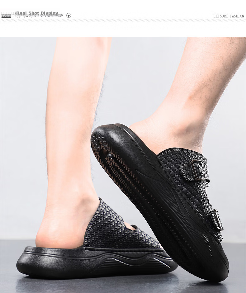 MEXICAN Spring Summer New Men's Leather Sandals Breathable Thick Soft Sole Slide Beach Shoes Black Size 44 7