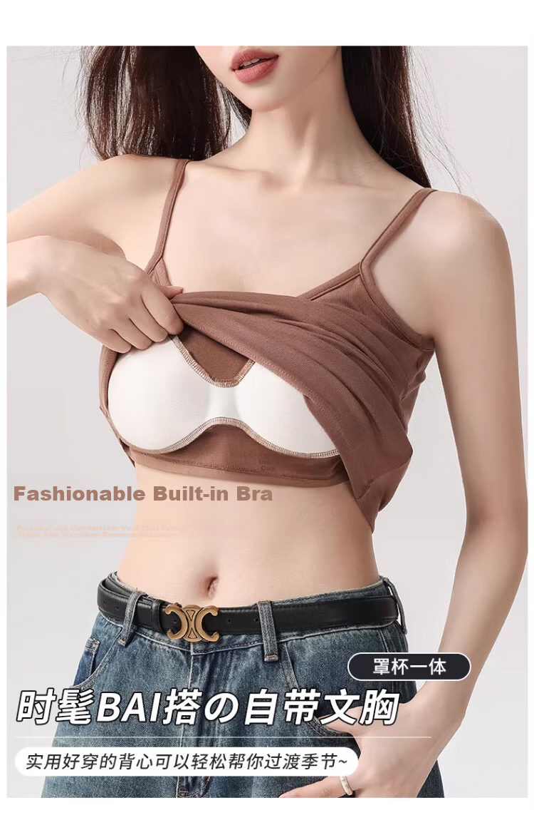 Caiyue Women's Padded Camisole Tank Top Spring Summer Thin Integrated Bra-Free Slim Fit Backless Base Layer Shirt 9