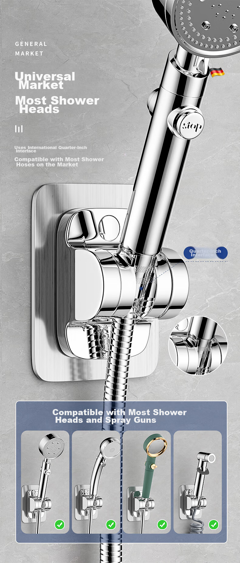 MuWei Shower Bracket No-Drill Shower Holder Shower Hose Base Bathroom Wall-Mounted Shower Head Bracket 8