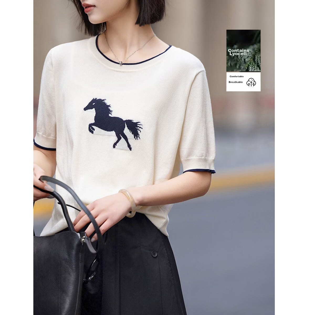 Demana Eco-friendly Lyocell Summer Pony Jacquard Color-block Slim Fit Short Sleeve Knit Top for Women