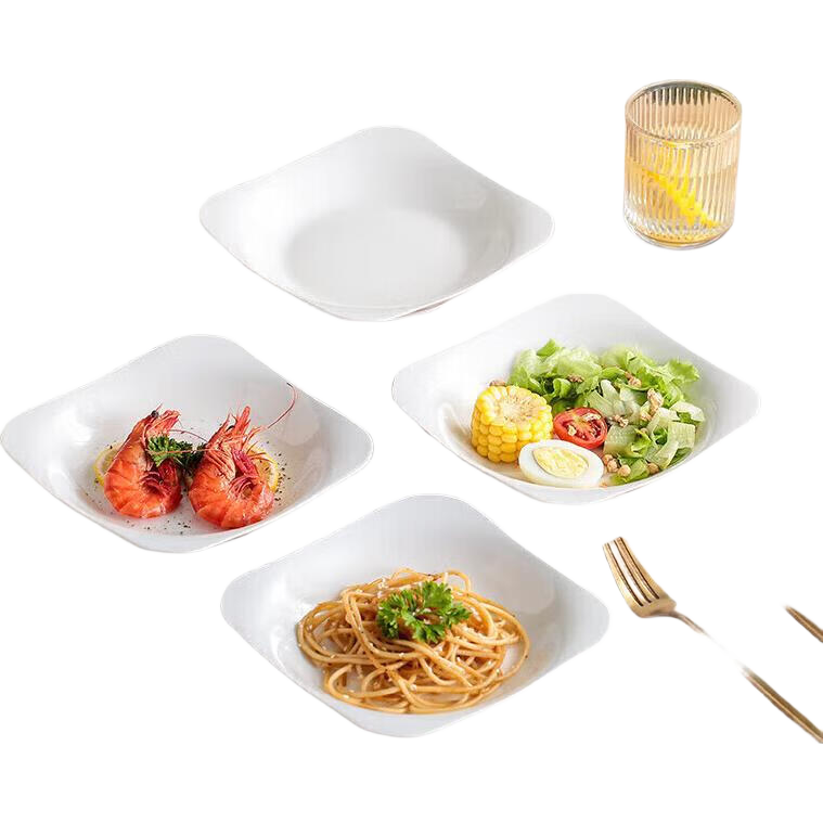 Jieyajie Ceramic Plates, Household White Porcelain Dishes, 8.5-Inch Chinese Square Deep Plates, Soup Plates, Microwave-Safe, Set of 4