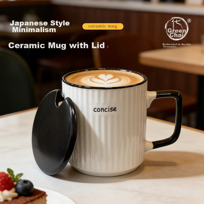 Huaqingge Ceramic Mug with Lid and Spoon, Japanese Minimalist Vertical Stripe, Office and Home Milk Coffee Cup 340ml