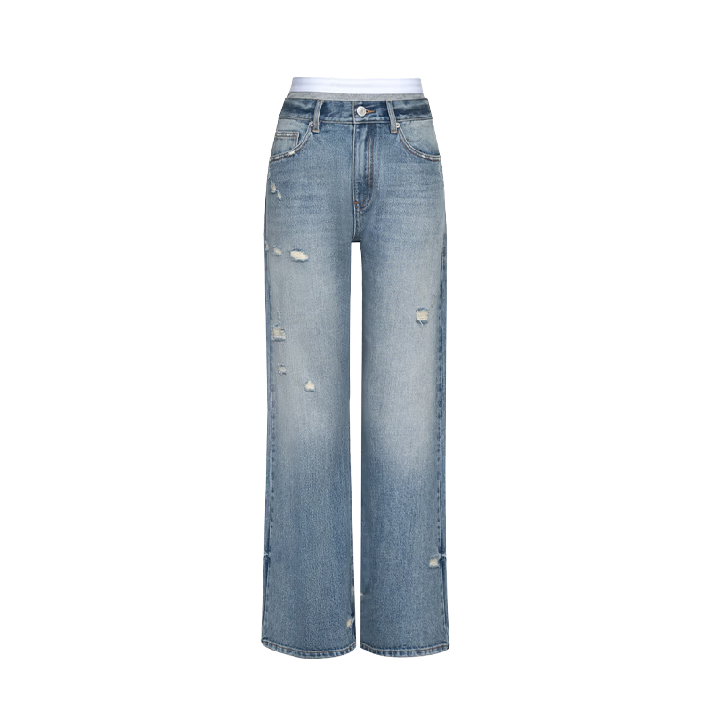 ANN ANDELMAN Official Two-Piece Style Elastic Waist Distressed Jeans for Women Blue XS