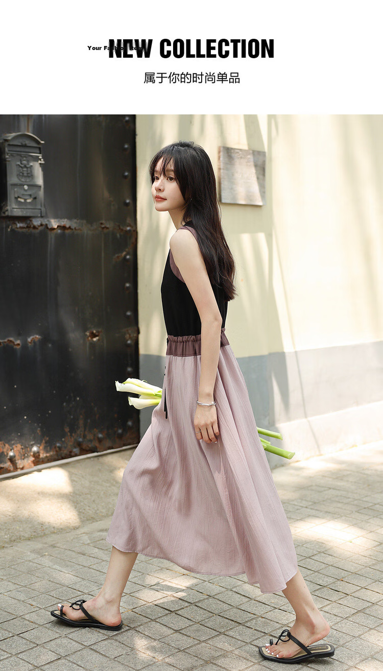 MT Relax Trio Summer Urban Colorblock Drawstring Crew Neck Sleeveless T-Shirt Style Long Dress for Women 1