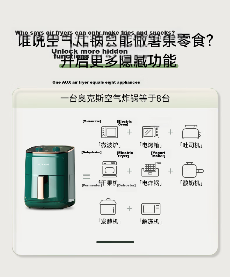 AUX 20L Air Fryer 2026 New Model Home Use Visible Window Large Capacity Dual Heat Sources Fully Automatic Multifunction Touchscreen Oven Integrated Metal Interior 7