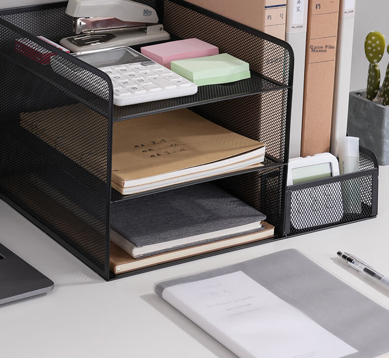 Deli Stackable Metal File Organizer, Document Tray, Bookend Rack, Multi-Layer Office Desk File Storage Box, File Basket, Storage Shelf, Four-Tier Black PB260 2