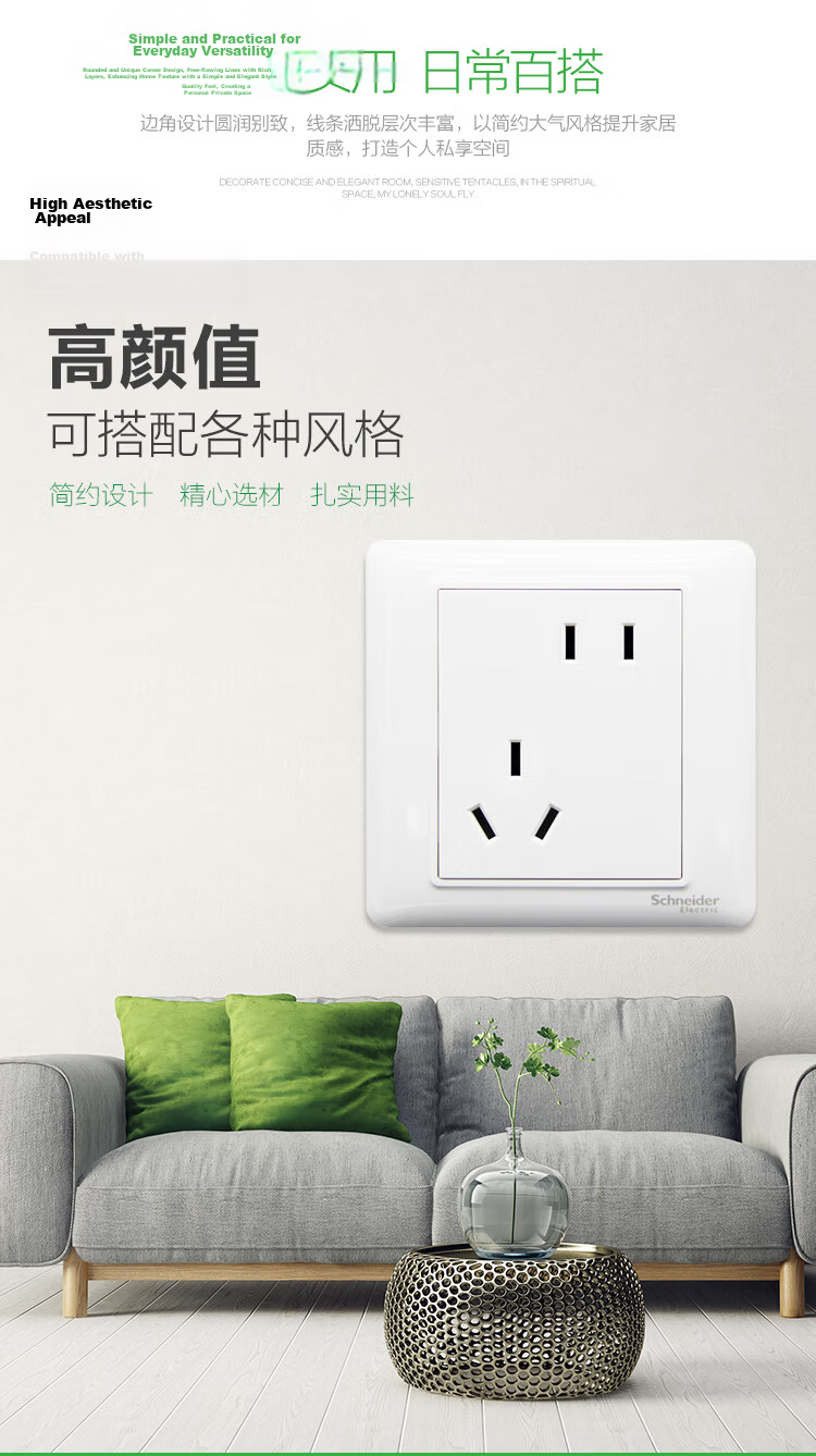 Schneider Misaligned Five-Hole Socket 86 Type Concealed Power Switch Socket Panel Slant 5-Hole 10A Ruiyi Series White 3