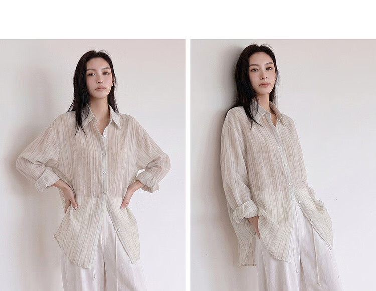 Dme [Lightweight Lyocell] Autumn Lightweight Commuter Striped Textured Lapel Long-Sleeve Loose Draping Women's Shirt for Layering 12