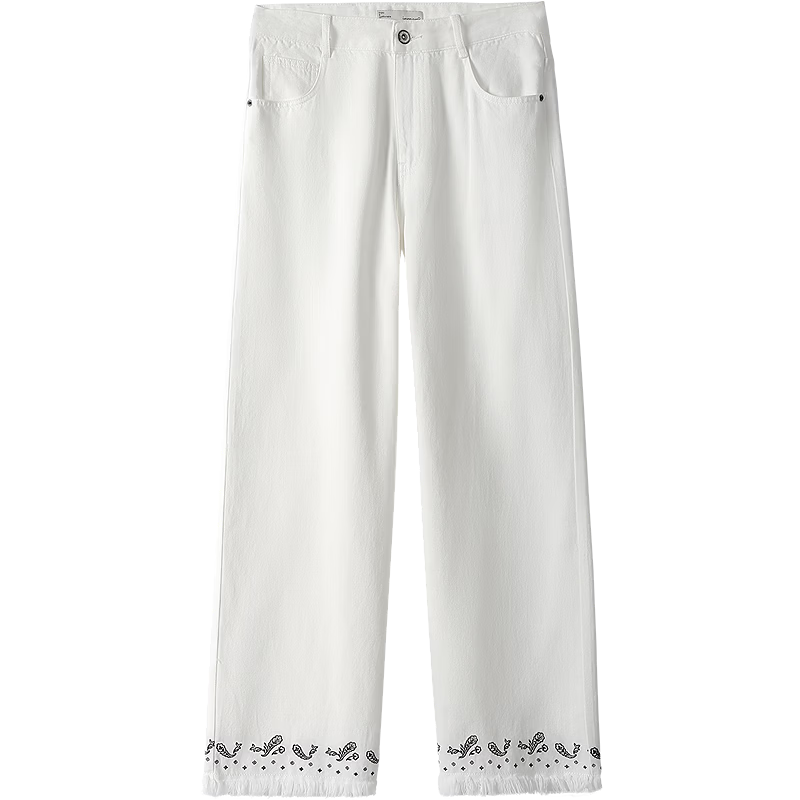 INMAN Lenzing Cotton Embroidered Tassel Denim Cropped Wide-Leg Pants 26 Summer Women's New Straight-Leg Trousers Pearl White 29