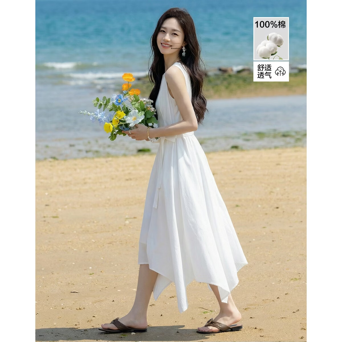 Demana Oxygen Pure Cotton Summer Elegant Off-Shoulder Sleeveless Waist-Cinching Asymmetric Slim Fit Dress for Women Premium Quality