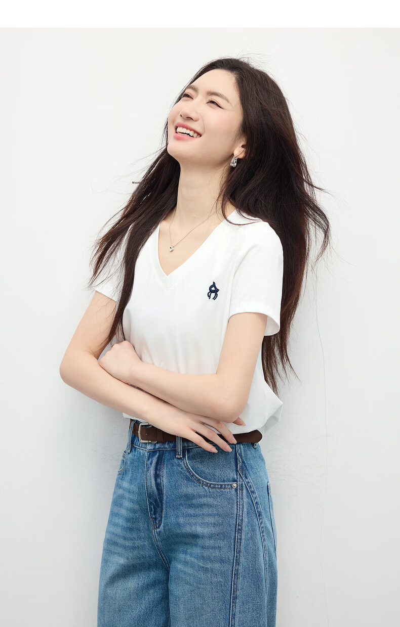 Sllsky Xinjiang Cotton V-Neck Shoulder T-Shirt Women 2026 Summer New Commuter Embroidered Short Sleeve Cool Top 18