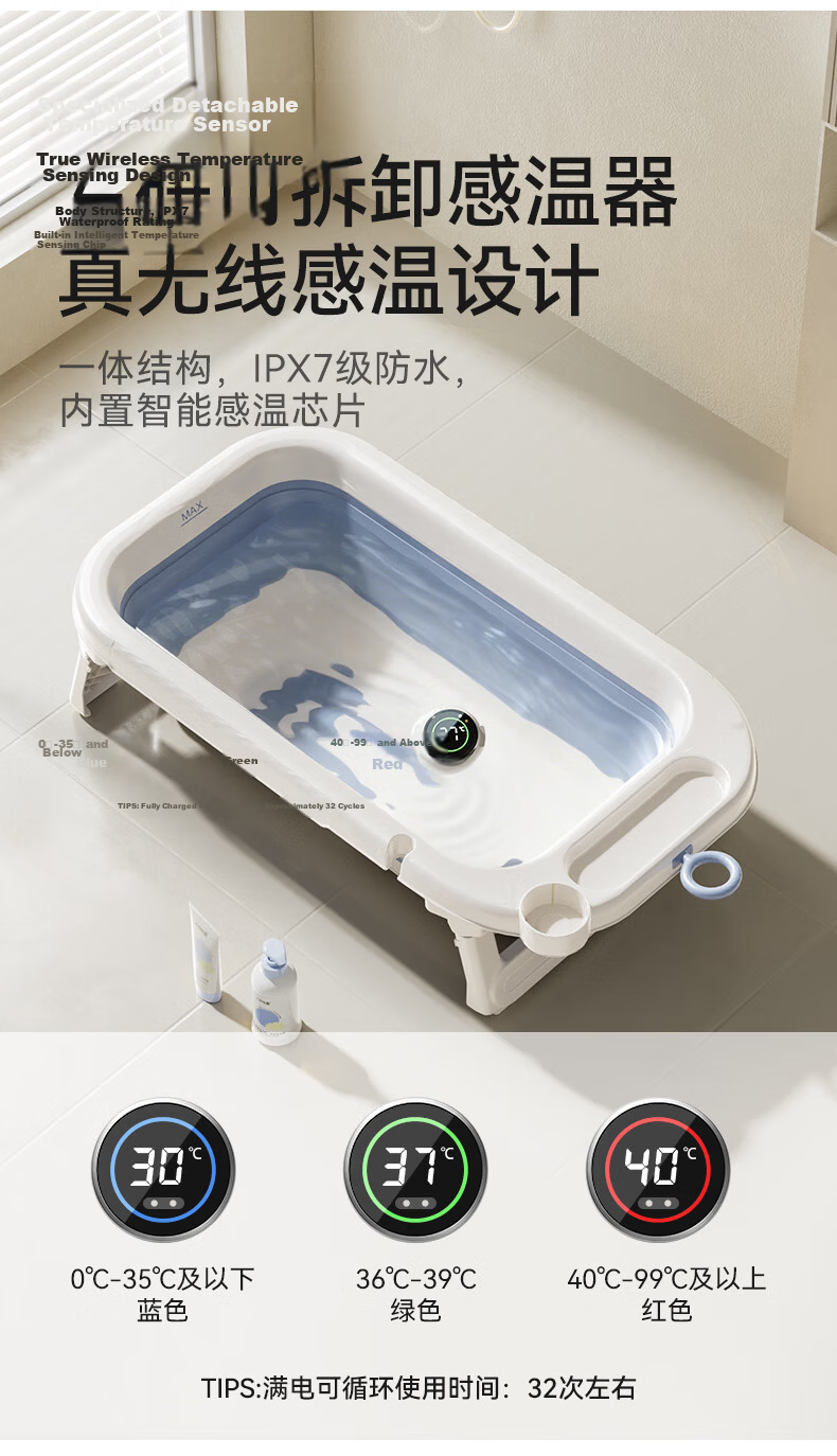 October Crystals Baby Bath Tub Newborn Large Foldable Wireless Digital Display Bath Tub with Bath Rack Haze Blue 3