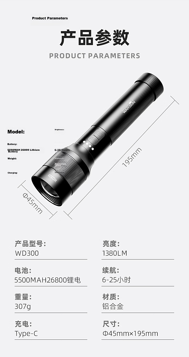 WARSUN WD300 High-Power Flashlight Zoomable Long-Range Laser Super Bright Rechargeable Portable Outdoor Emergency Lighting 18
