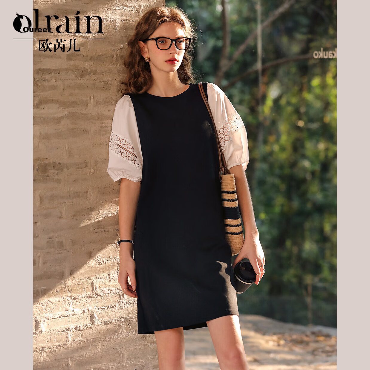 Olrain French Elegant Lace Splice Black Dress Women Vintage High-End Black and White L