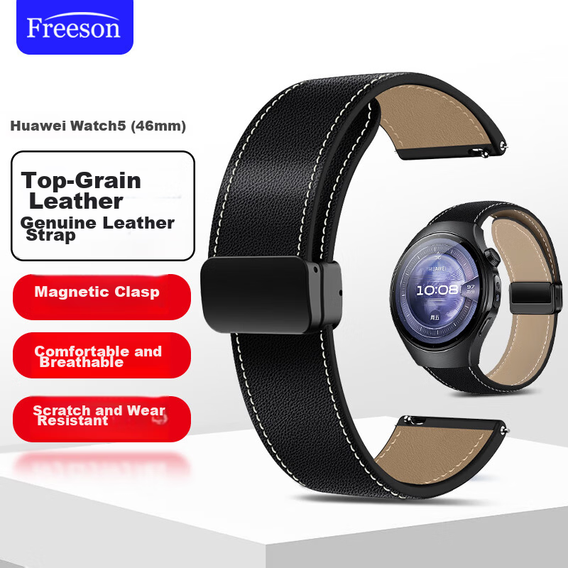 Freeson Magnetic Genuine Leather Strap for Huawei WATCH5/WATCH GT 6 (46mm) Smartwatch Business Band [Top Layer Cowhide] 22mm Interface Black