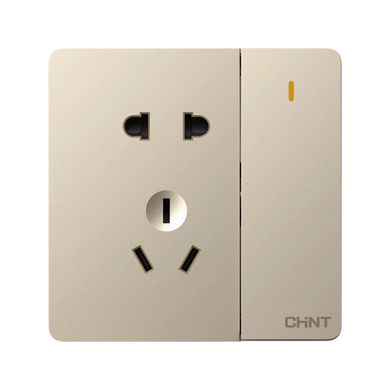 CHNT Wall Switch Socket Panel, Home Use, 86-Type Panel, Single Control Switch with Five-Hole Socket, 6C Champagne Gold