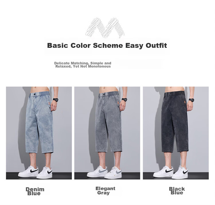 MARK FAIRWHALE Men's Denim Shorts, Summer Straight-Leg Ice Silk Pants, Trendy Seven-Point Casual Trousers for Men, Black, Size 31 8