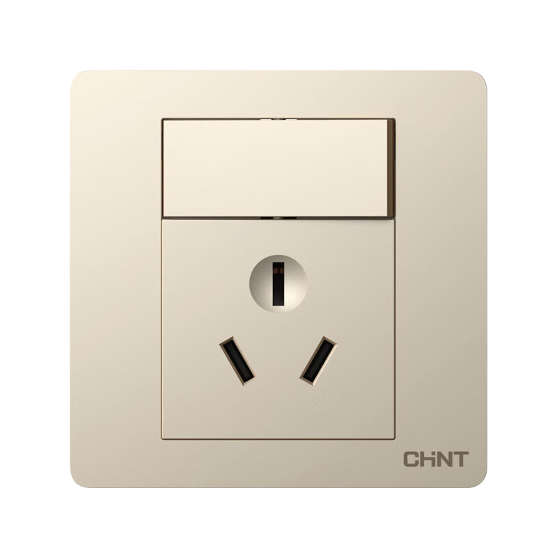 CHNT Wall Switch Socket Panel, Home Use 86-Type Panel, Single Control Switch, Three-Hole 16A Socket, 6C Champagne Gold