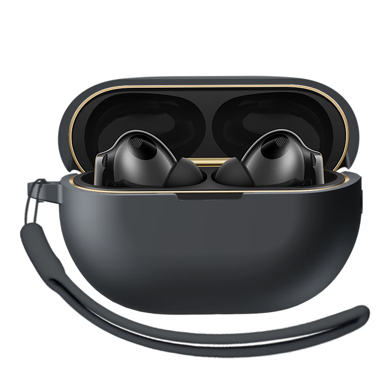 ESCASE Huawei FreeBuds Pro4 Protective Case Bluetooth Earphone Storage Box Liquid Silicone Soft Full-Cover Shockproof Ultra-Thin Case Black with Silicone Lanyard