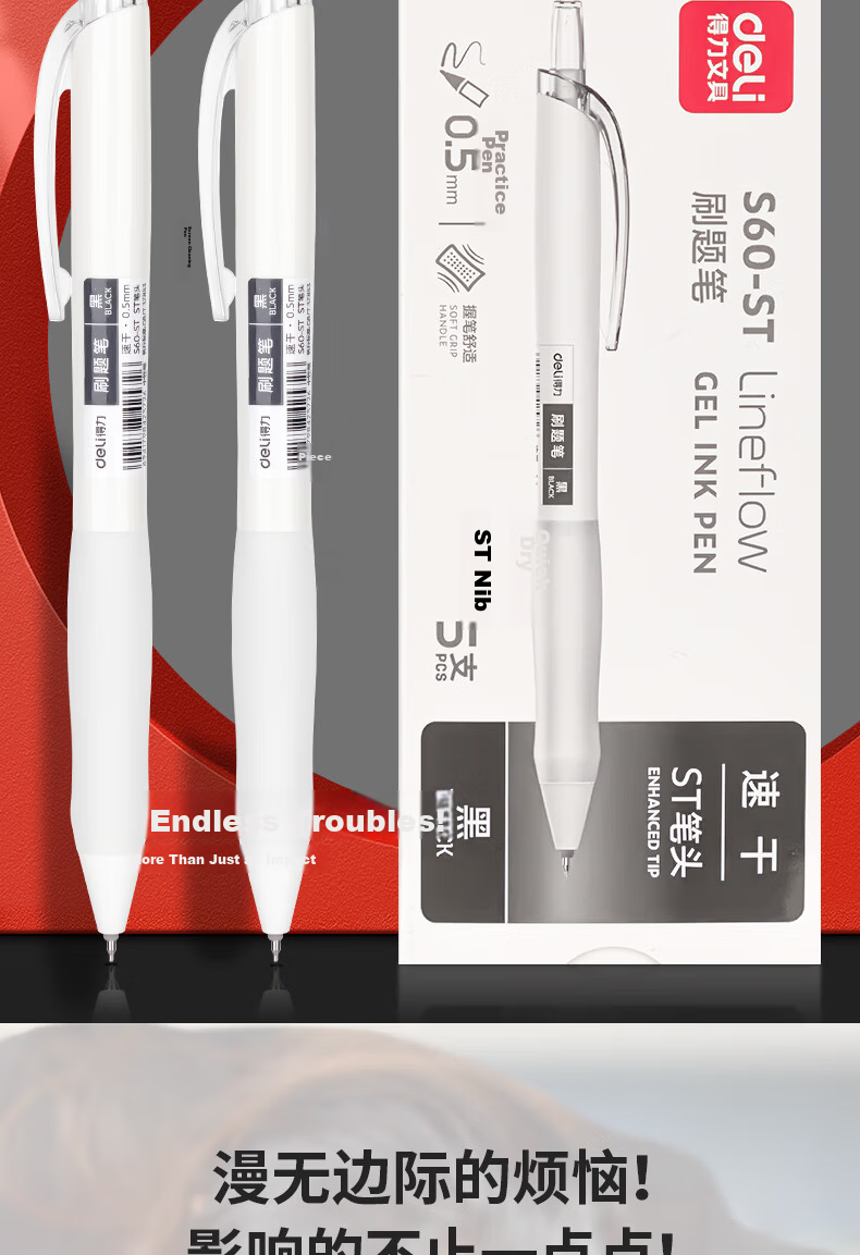 Deli Quick-Drying Exam Writing Pen, Small White Pen with Dual-Ball ST Tip, 0.5mm Retractable Gel Pen, Fast-Drying Smooth Student Test Pen, Black 12 pens/box S08-F College Entrance Exam 2
