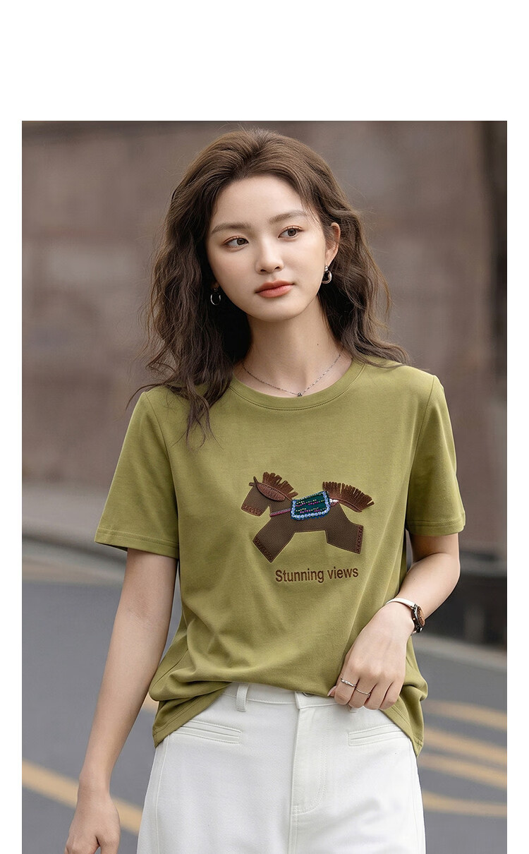 Demana [Little Horse Embroidery] Autumn Cloud Oxygen Cotton Series Crew Neck Straight Loose Slim T-Shirt for Women Premium Feel 10