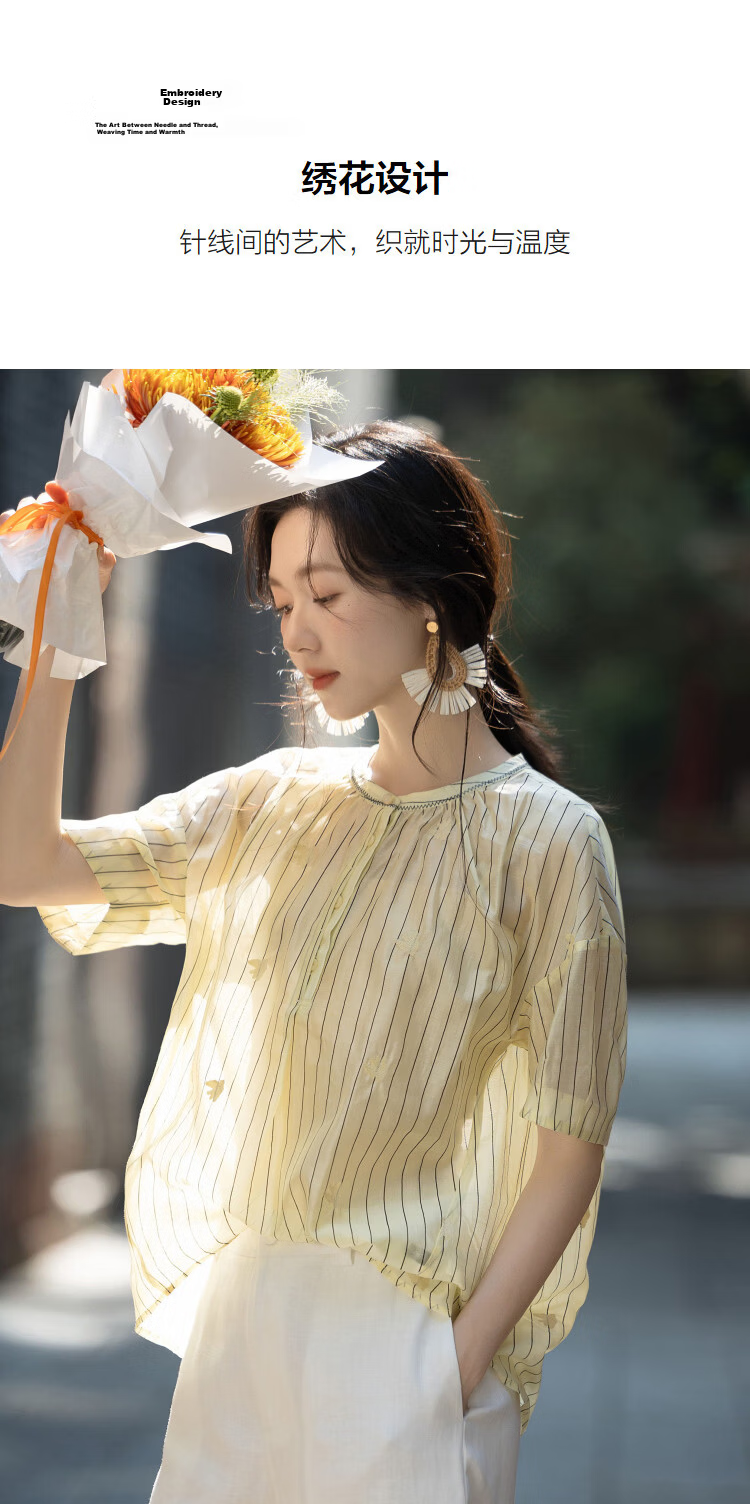 Demana [Comfortable Lyocell] Summer Textured Half-Placket Lace Collar Striped Embroidered Loose Slimming Shirt for Women Premium 5