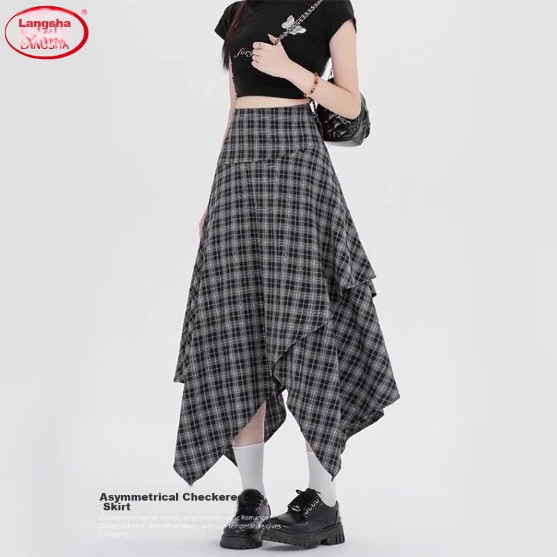 Langsha Irregular Checkered High-Waist Loose Slimming A-Line Mid-Length Skirt for Women Autumn 2026 New Style