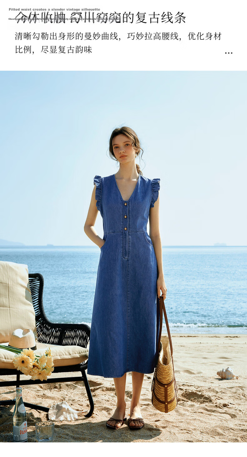 Olrain Eurielle Summer New French Vintage Denim Waist-Slimming Versatile Casual Dress Denim Blue M 3