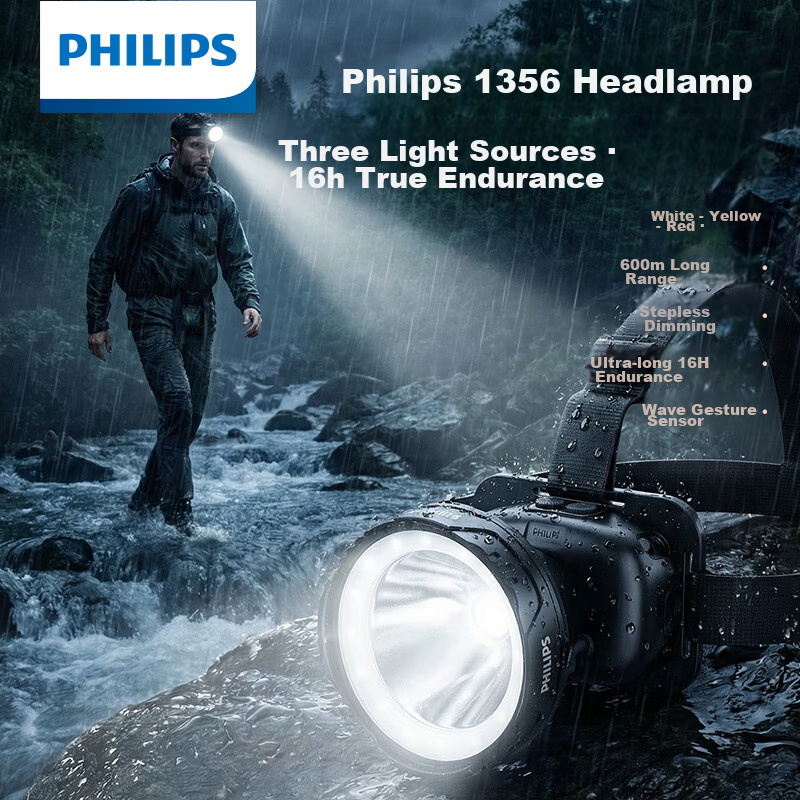 PHILIPS Three-Light Headlamp High Brightness Long Battery Life 72 Hours Head-Worn 5000 Lumens Night Fishing Outdoor Mountaineering Waterproof