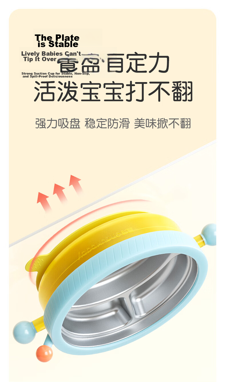 Huangchong Children's Water-Filled Insulated Meal Tray, Baby Constant Temperature Food Plate, Stainless Steel Detachable Compartment Lunch Box, Yellow 7