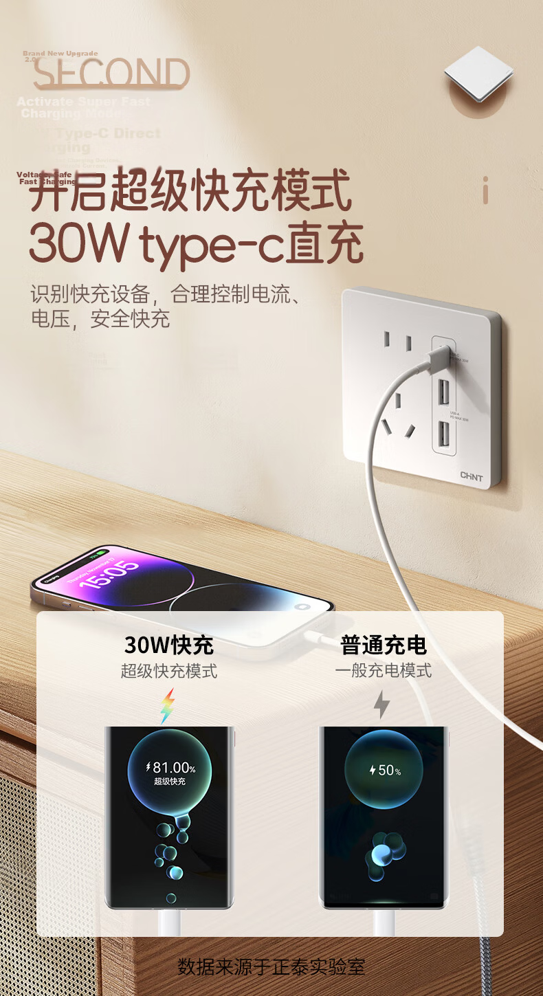 CHNT Switch Socket 10A Angled Five-Hole Socket 86 Type Concealed Panel 6C Cream White 7