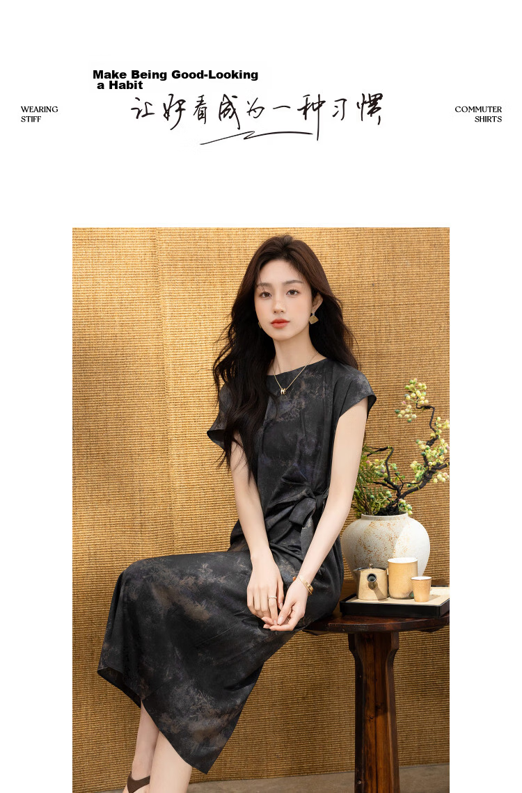Demana [Tuberose] Summer National Style New Chinese Shoulder-Covered Sleeve Printed Knot Waist Slimming Dress for Women Premium 8