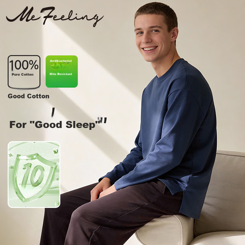 Me feeling Men's Couple Spring New Pure Cotton Pajama Set Antibacterial Mite-Resistant Crew Neck Homewear Suitable for Outdoor Wear
