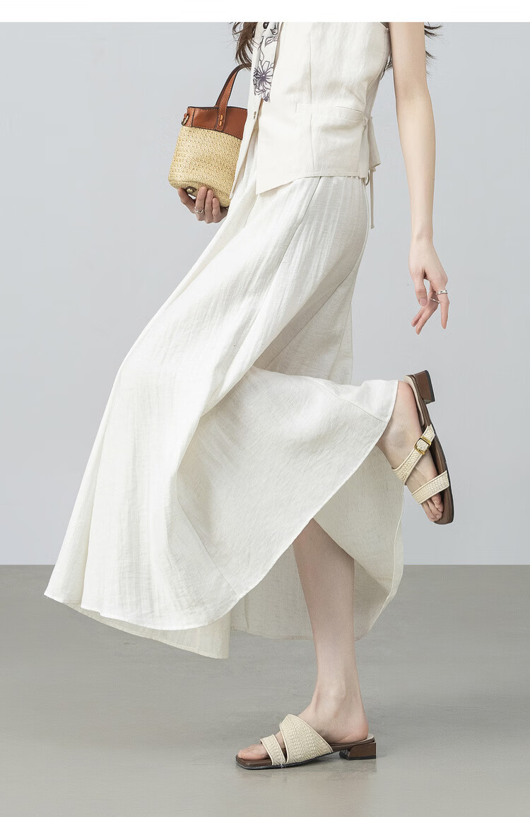 Shangdubila Linen Blend Pear-Shaped Slimming A-Line Skirt for Women Spring Summer Elegant Commuter Elastic Waist High-Quality Temperament Long Skirt 21