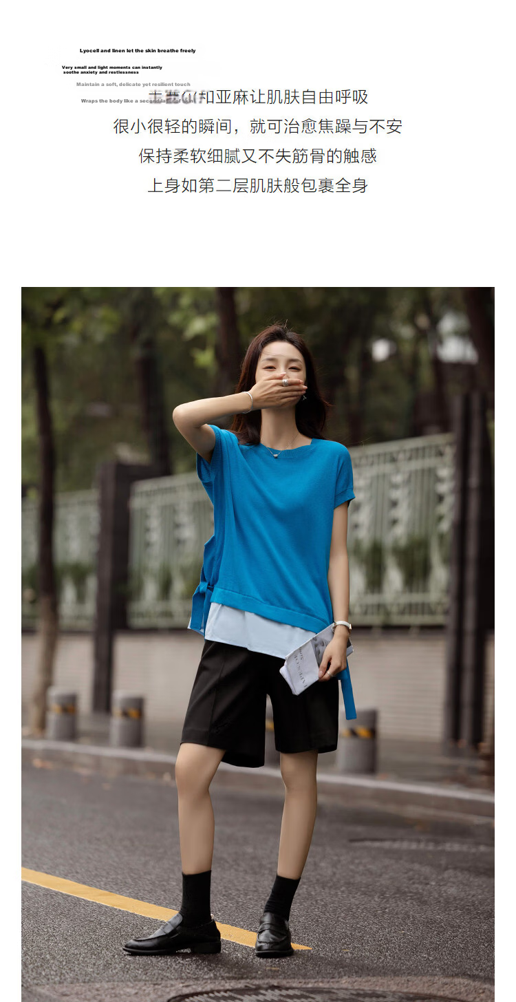 Demana [Linen Lyocell Blend] Spring Split Ribbon Colorblock Short Sleeve Slim Fit Women's Knit Sweater 6