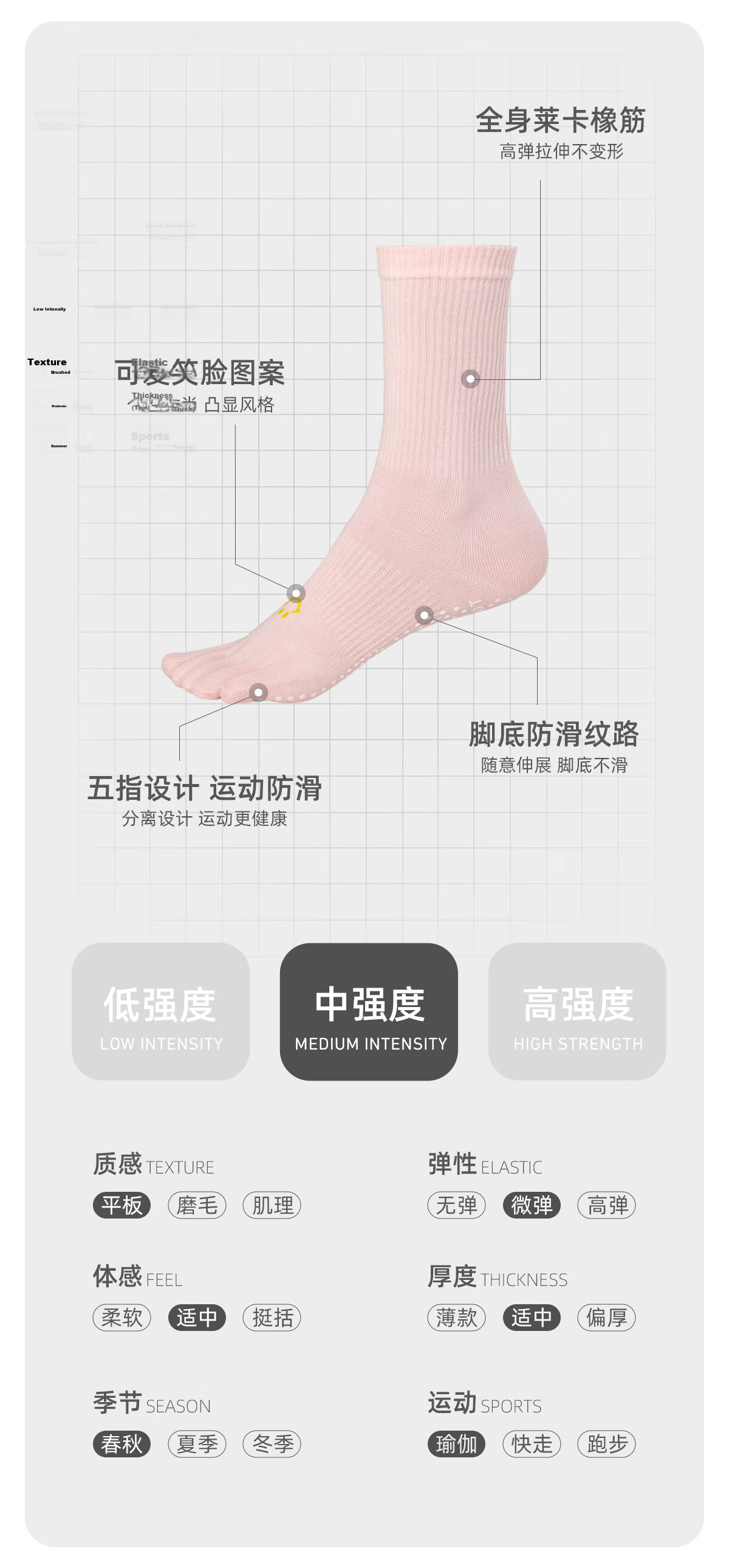 Yottoy Women's Yoga Socks Professional Pilates Non-Slip Mid-Calf Summer Thin Five-Toe Socks Meteorite Gray S 2