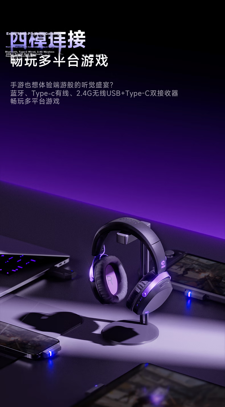 AKKO GH300 Over-Ear Gaming Headset 2.4G Wireless Bluetooth Wired Type-C Quad-Mode Delta Sound Positioning PC Headphones with Microphone 2-in-1 10