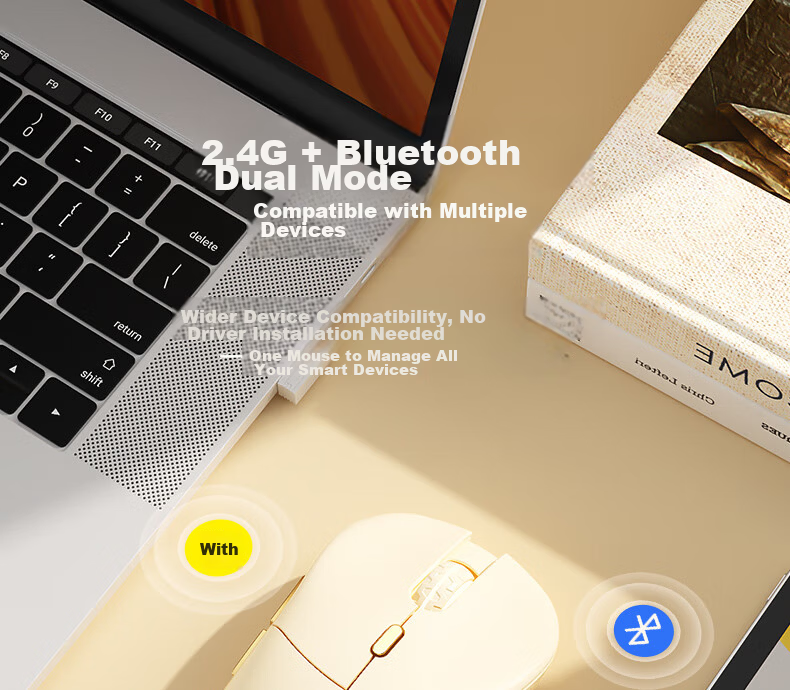 B.O.W Hangshi MD506L Wireless Bluetooth Dual-Mode Ergonomic Backlit Mouse for Desktop Laptop iPad Tablet Phone Office Silent Rechargeable Mouse Milk Tea Color 9