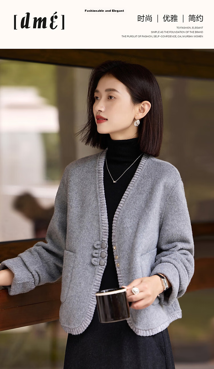Demana [Double-Sided Wool] Spring Luxury V-Neck Knit Twisted Flower Decorative Patch Pocket Loose Short Women's Coat 1