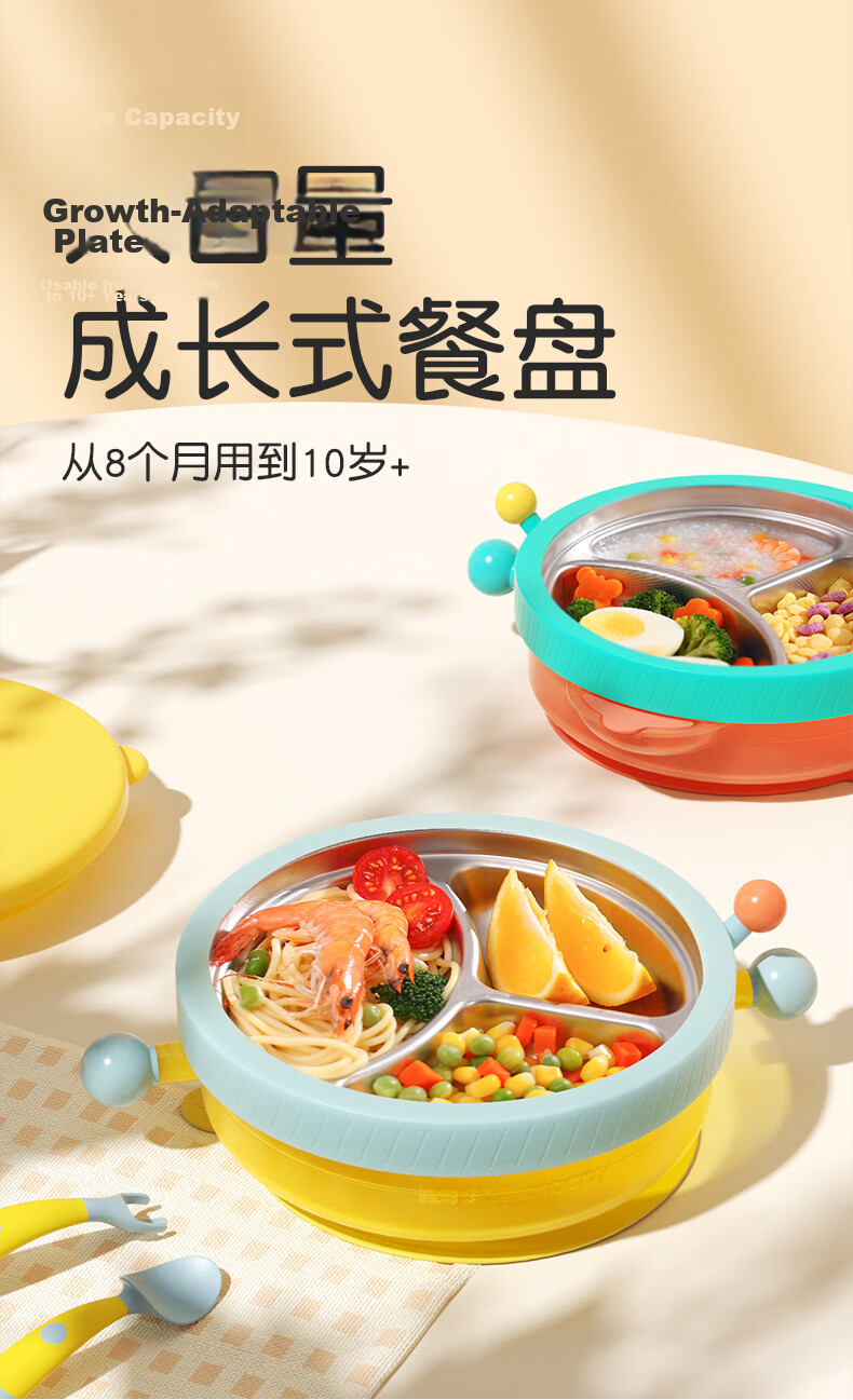 Huangchong Children's Water-Filled Insulated Meal Tray, Baby Constant Temperature Food Plate, Stainless Steel Detachable Compartment Lunch Box, Yellow 1